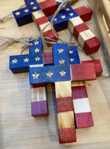 Wood Flag Cross Ornament
